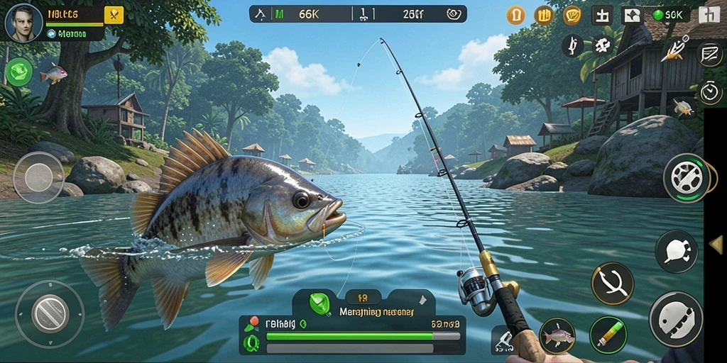 Tampilan gameplay 66K dengan aksi memancing seru dan menantang.
