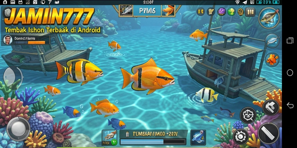 Screenshot utama gameplay Tembak Ikan JAMIN777 yang penuh warna.