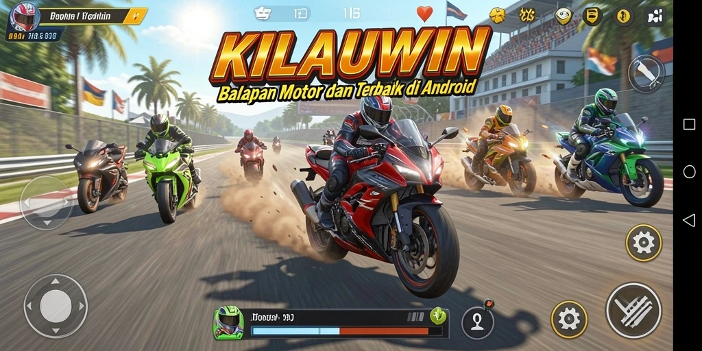 Screenshot utama KILAUWIN menampilkan aksi balapan motor yang mendebarkan.