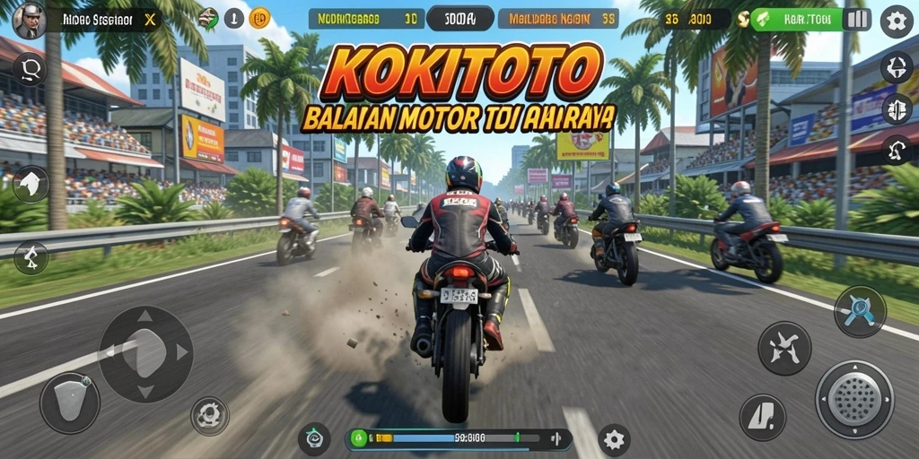 Screenshot gameplay KOKITOTO menampilkan balapan motor yang mendebarkan.