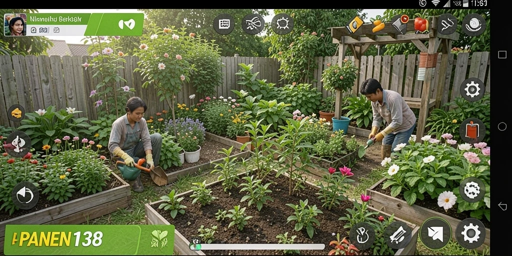 Screenshot utama <strong>PANEN138</strong> menunjukkan pemain merawat tanaman di kebun virtual.