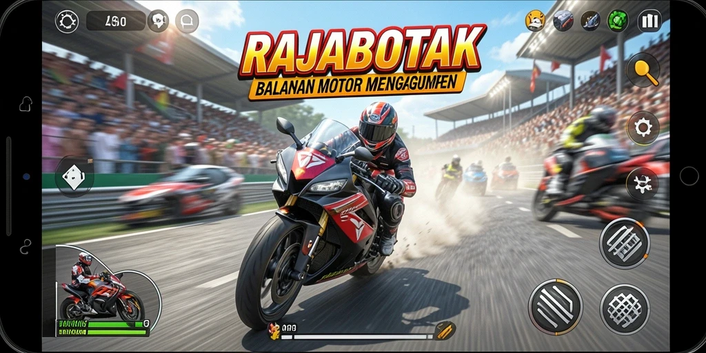 Menampilkan gameplay seru balapan motor di RAJABOTAK.