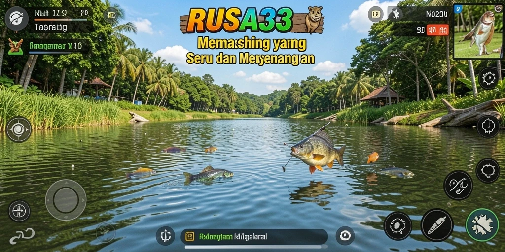 Screenshot gameplay <strong>RUSA33</strong> menunjukkan keseruan memancing di danau yang indah.